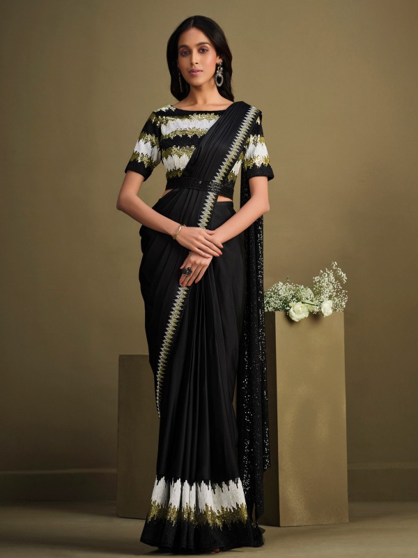 Elegant Black Crepe Silk Sequins Readymade Saree